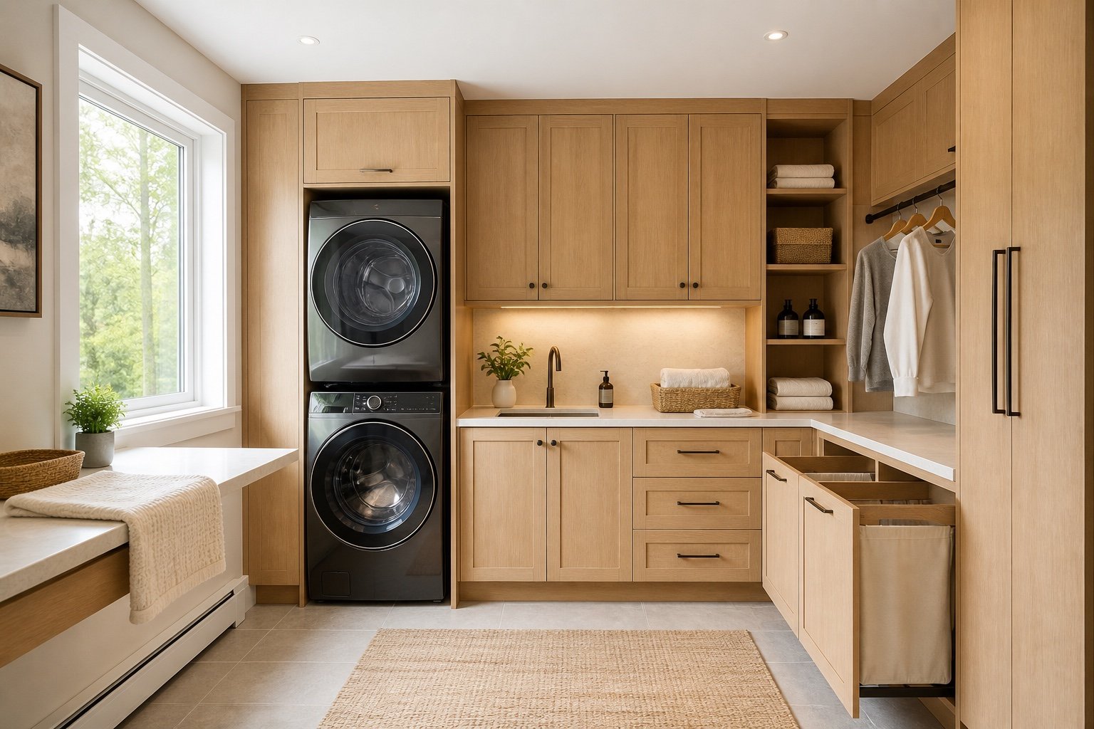 Custom oak laundry room with stacked appliances and sink