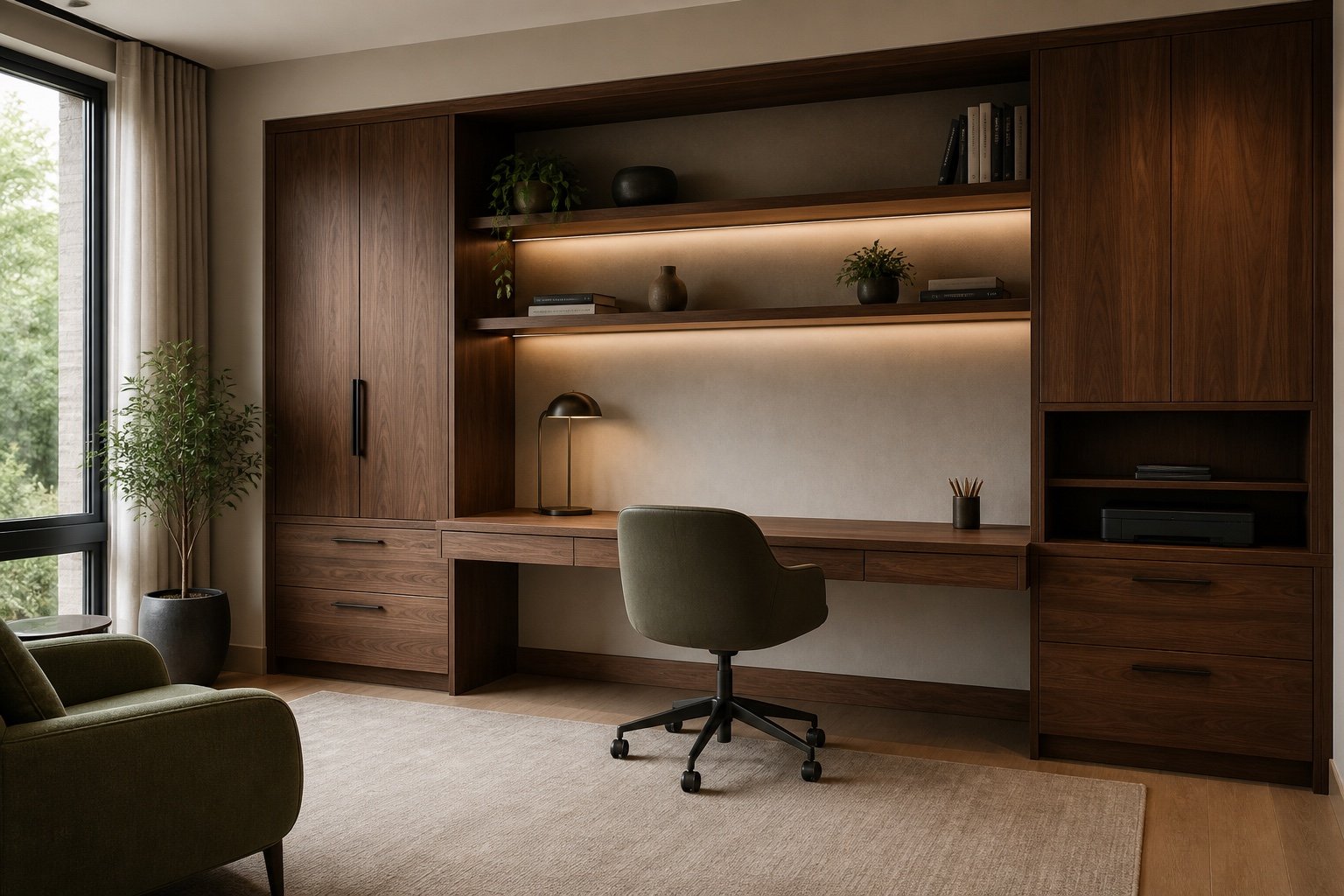 Custom walnut home office with wall bookcase
