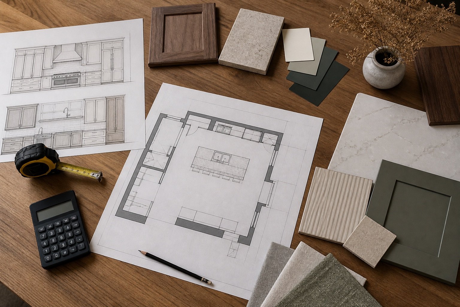 Plans de cuisine, échantillons et calculatrice sur une table