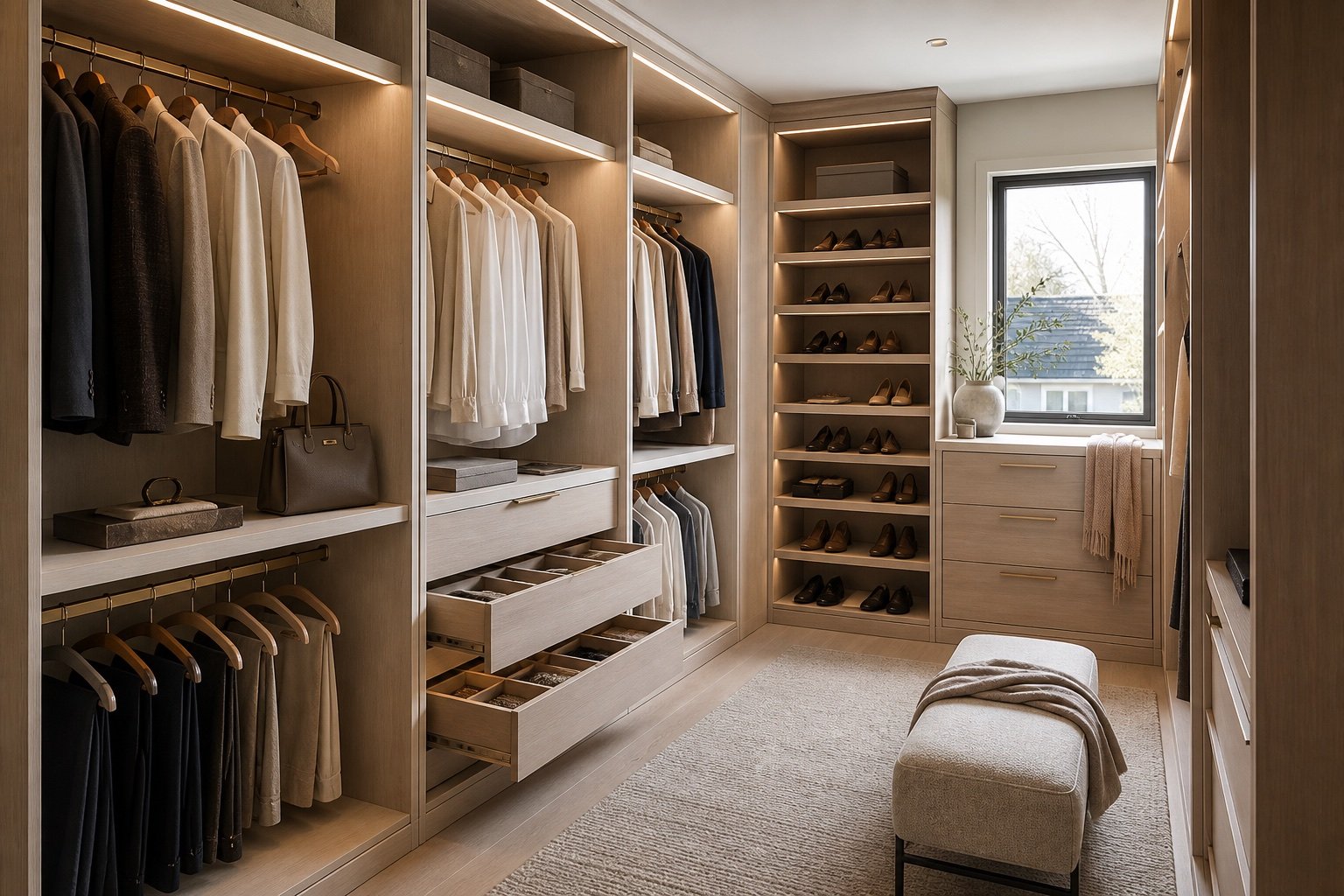 Walk-in sur mesure lumineux avec tiroirs et penderies