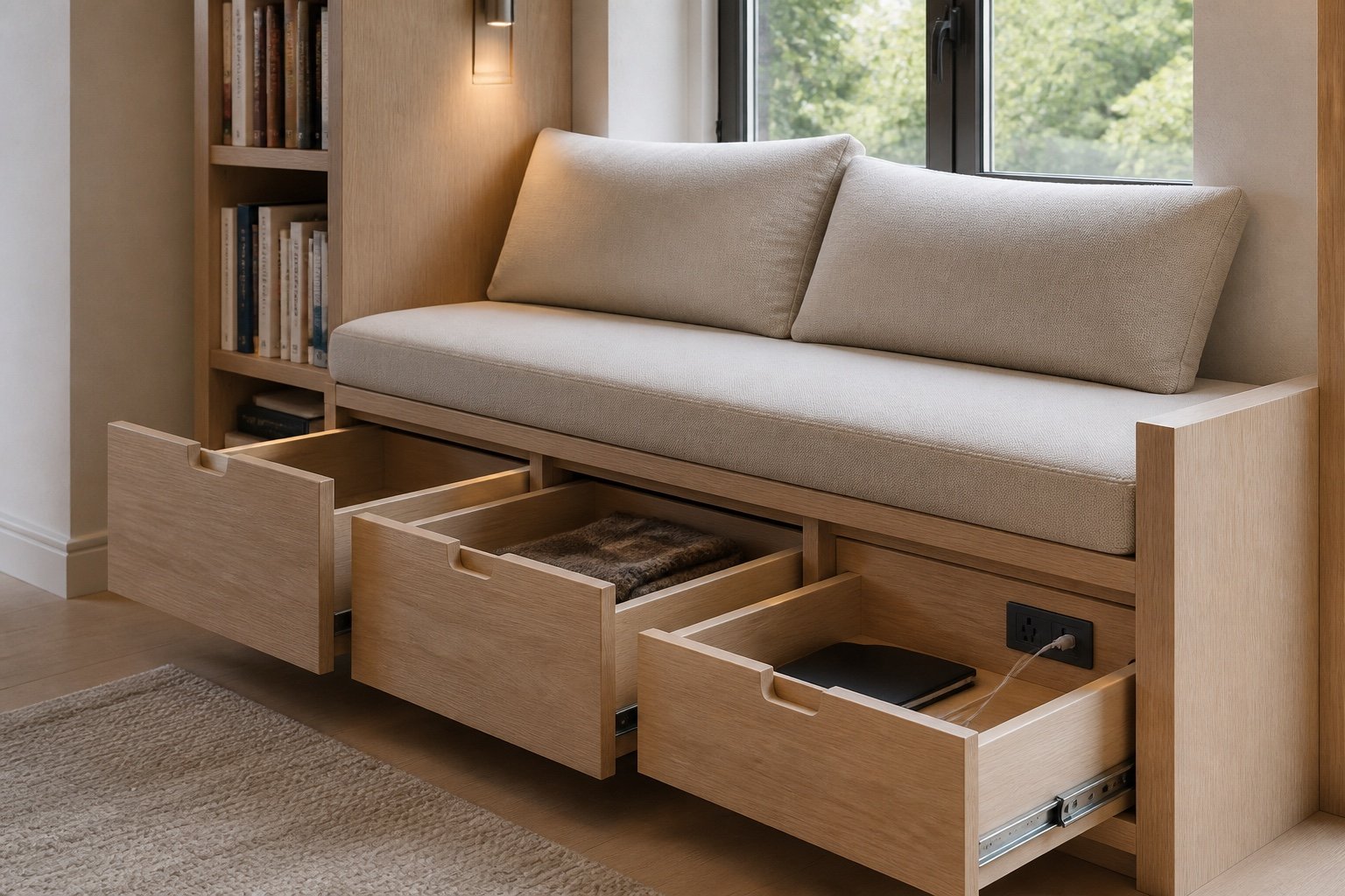 Built-in window bench with drawers, bookcase and reading light