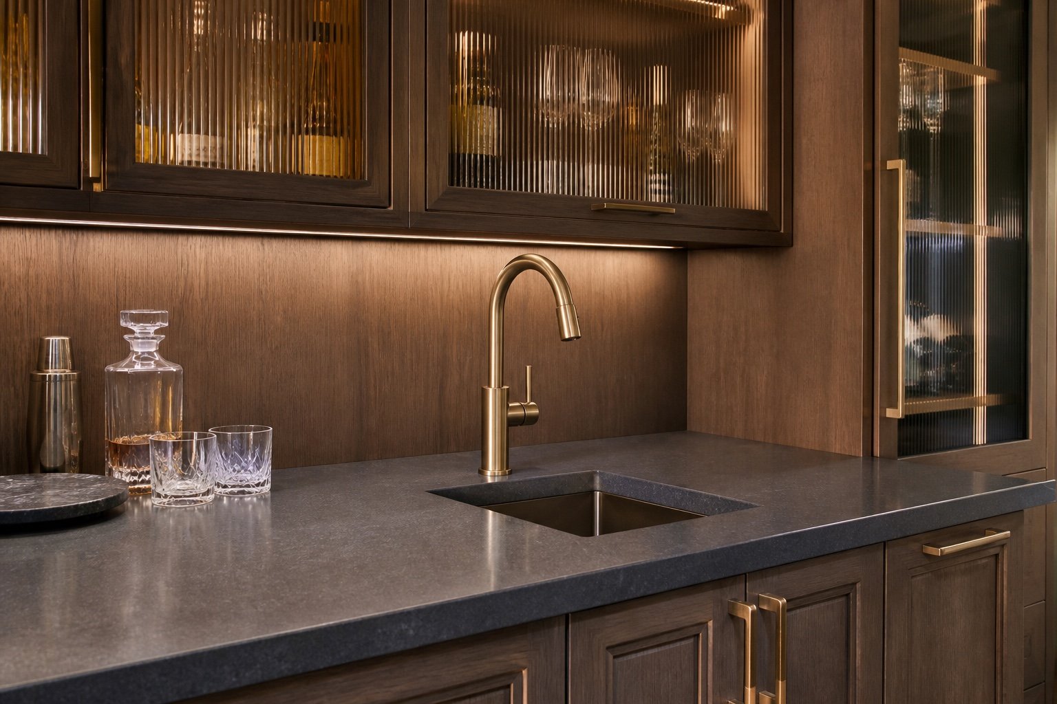Counter, sink, textured glass and lighting integrated into a custom home bar