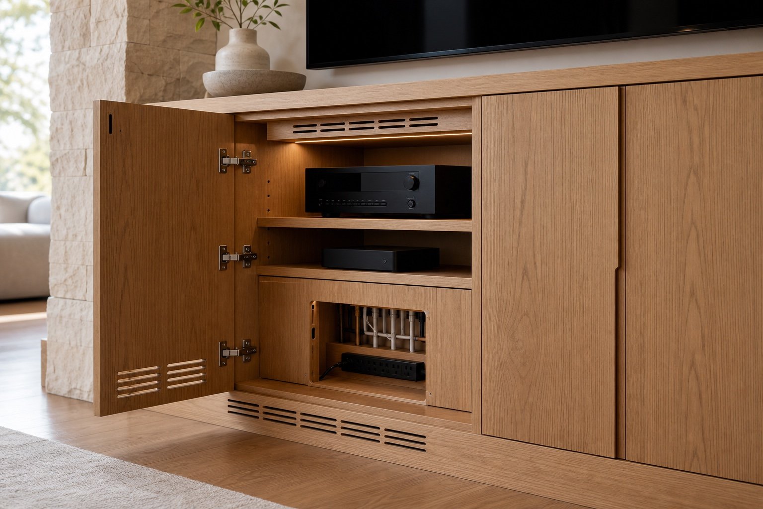 Ventilated media cabinet with equipment and accessible cable panel