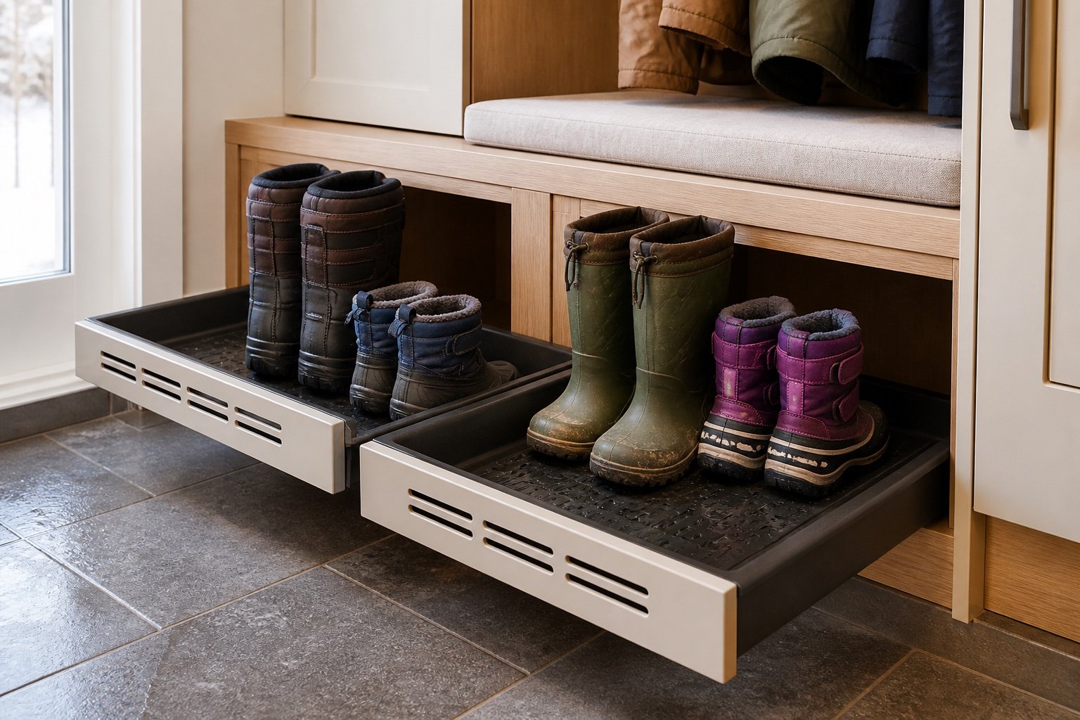 Ventilated removable trays for wet winter boots