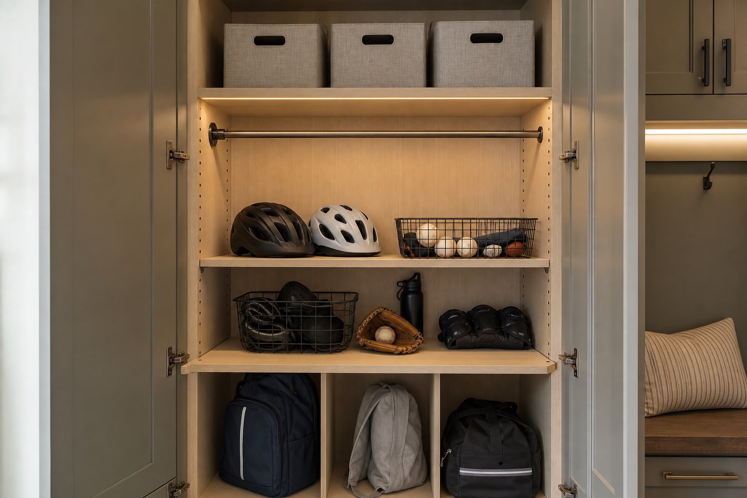 Adjustable mudroom cabinet for seasonal equipment