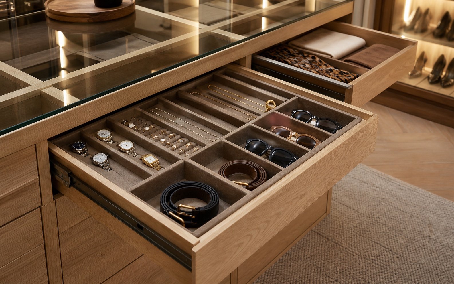 Open jewellery and accessory drawer in a custom walk-in closet