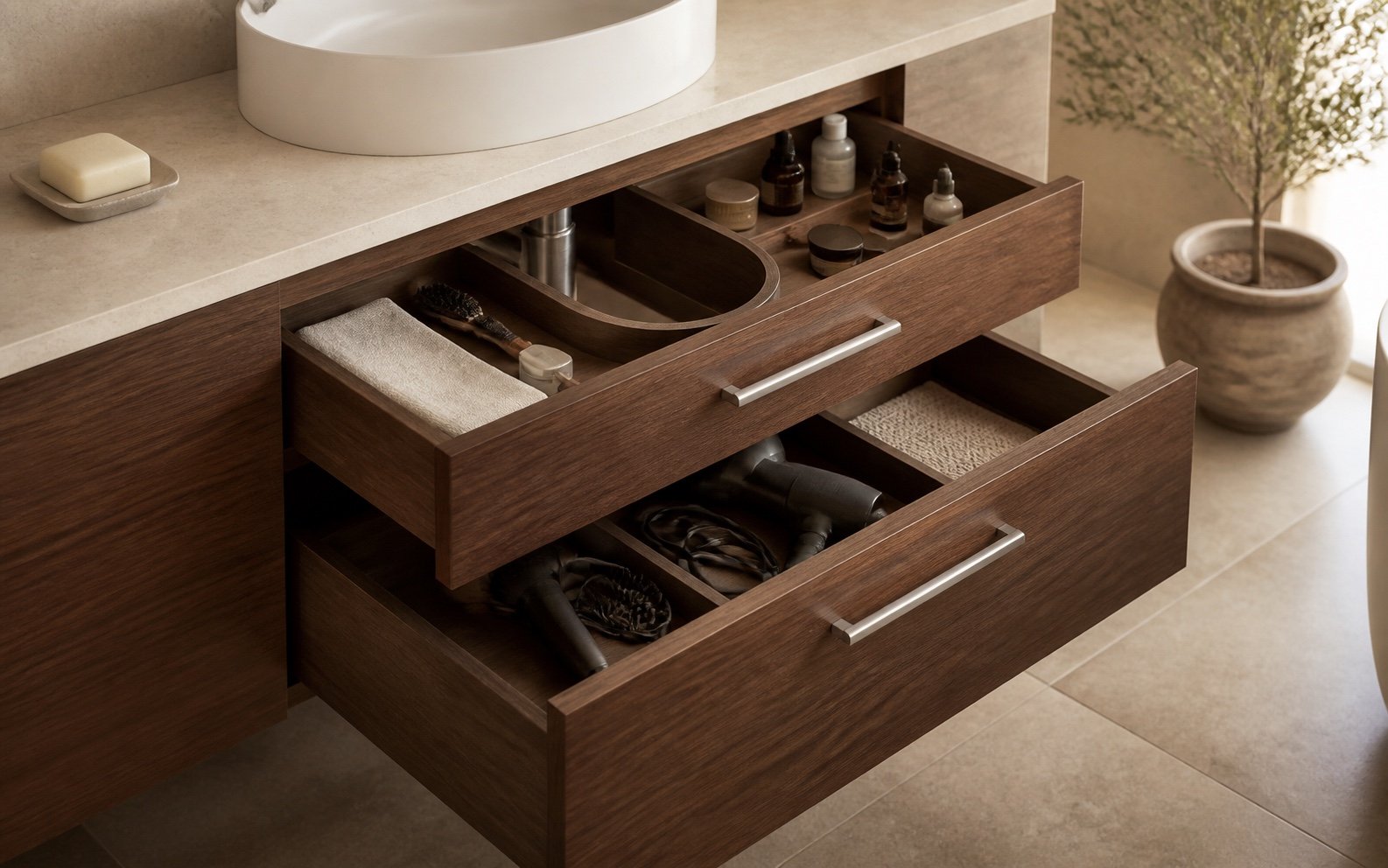 Organized vanity drawers fitted around the drain trap