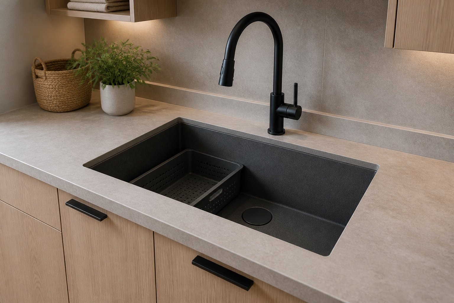 Deep dark-composite undermount laundry sink