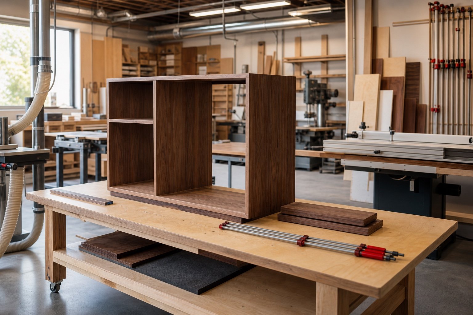 Local cabinet workshop with a walnut cabinet being assembled