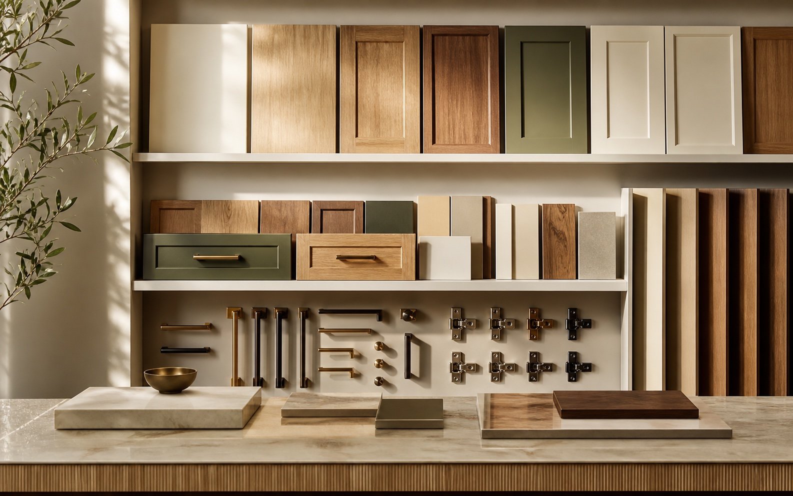 Display of cabinet doors, handles and hinges in a design studio