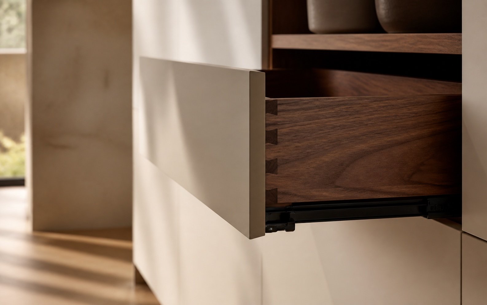Walnut drawer showing precise joinery and quality hardware