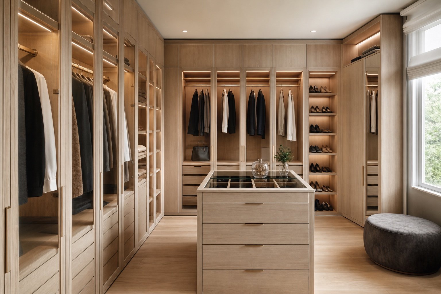 Large custom white-oak walk-in closet with island