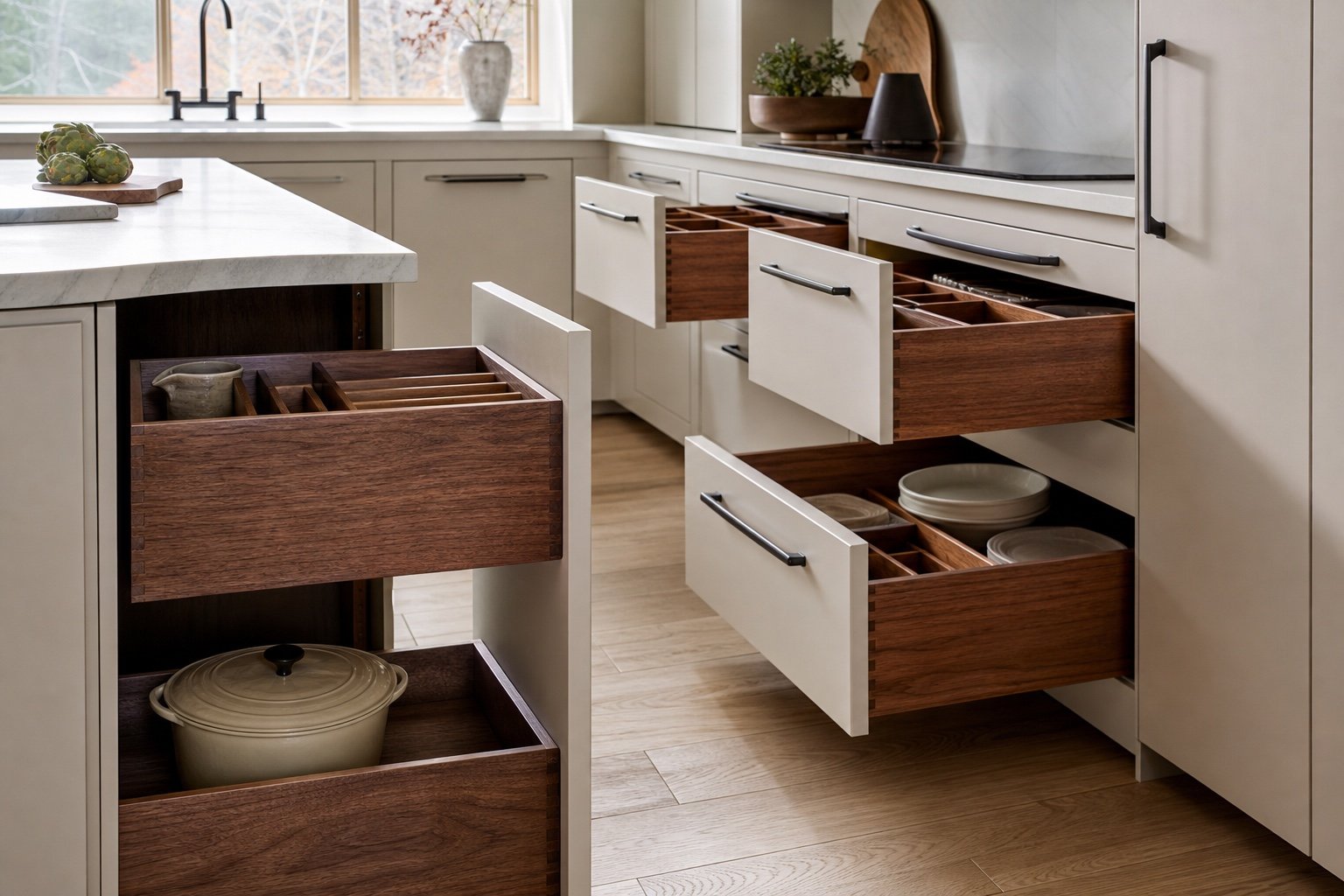 Walnut drawers and interior construction of custom cabinetry