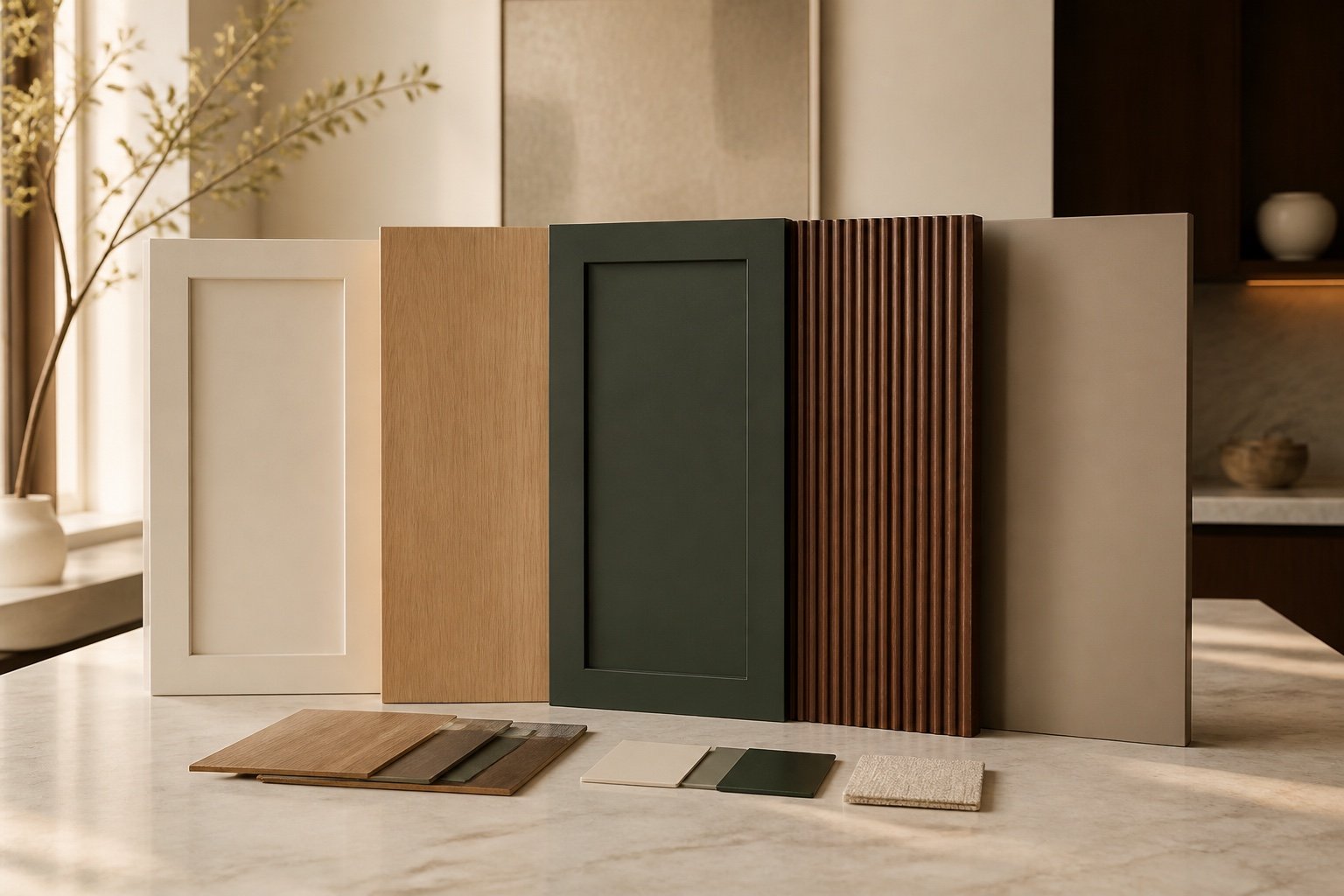 Shaker, slab and fluted cabinet door samples
