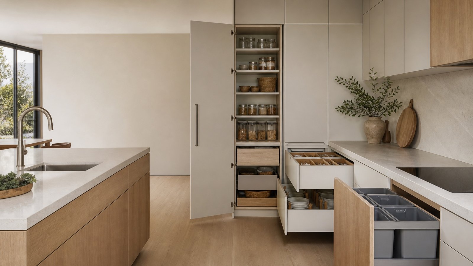 Custom cabinetry with integrated pantry, drawers and recycling