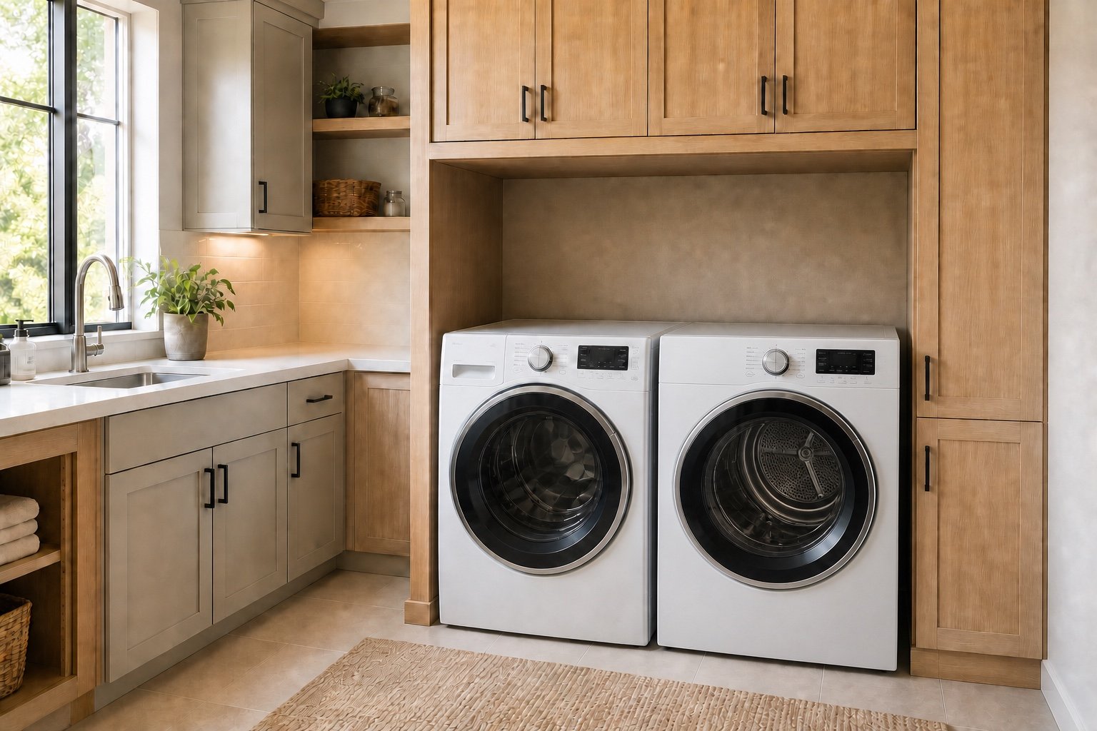 Side-by-side washer and dryer integrated into custom laundry-room cabinetry