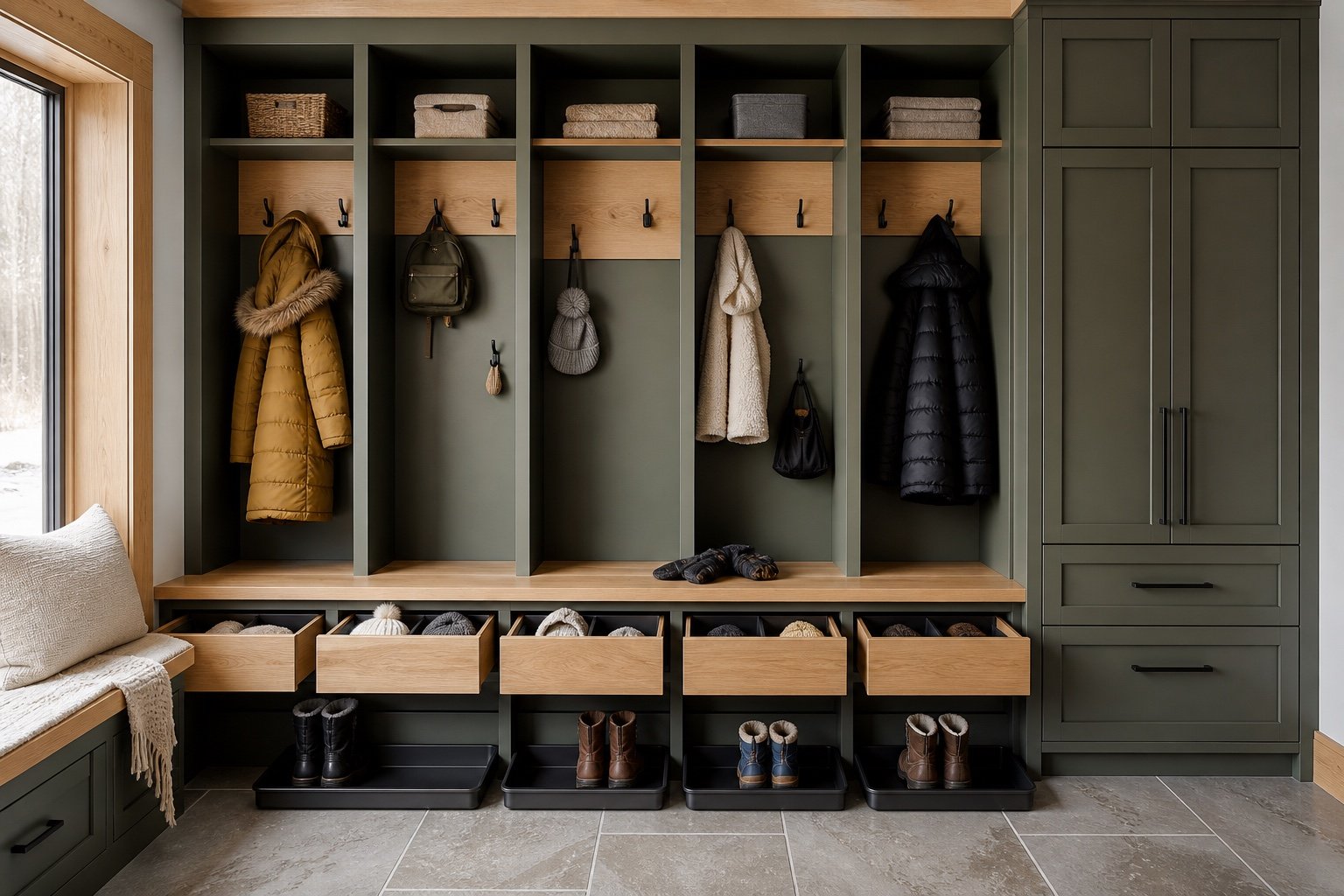 Family entryway with individual zones and accessible hooks