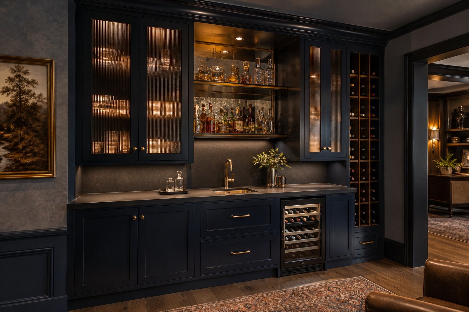Midnight-blue bar concept with wine storage and reeded glass