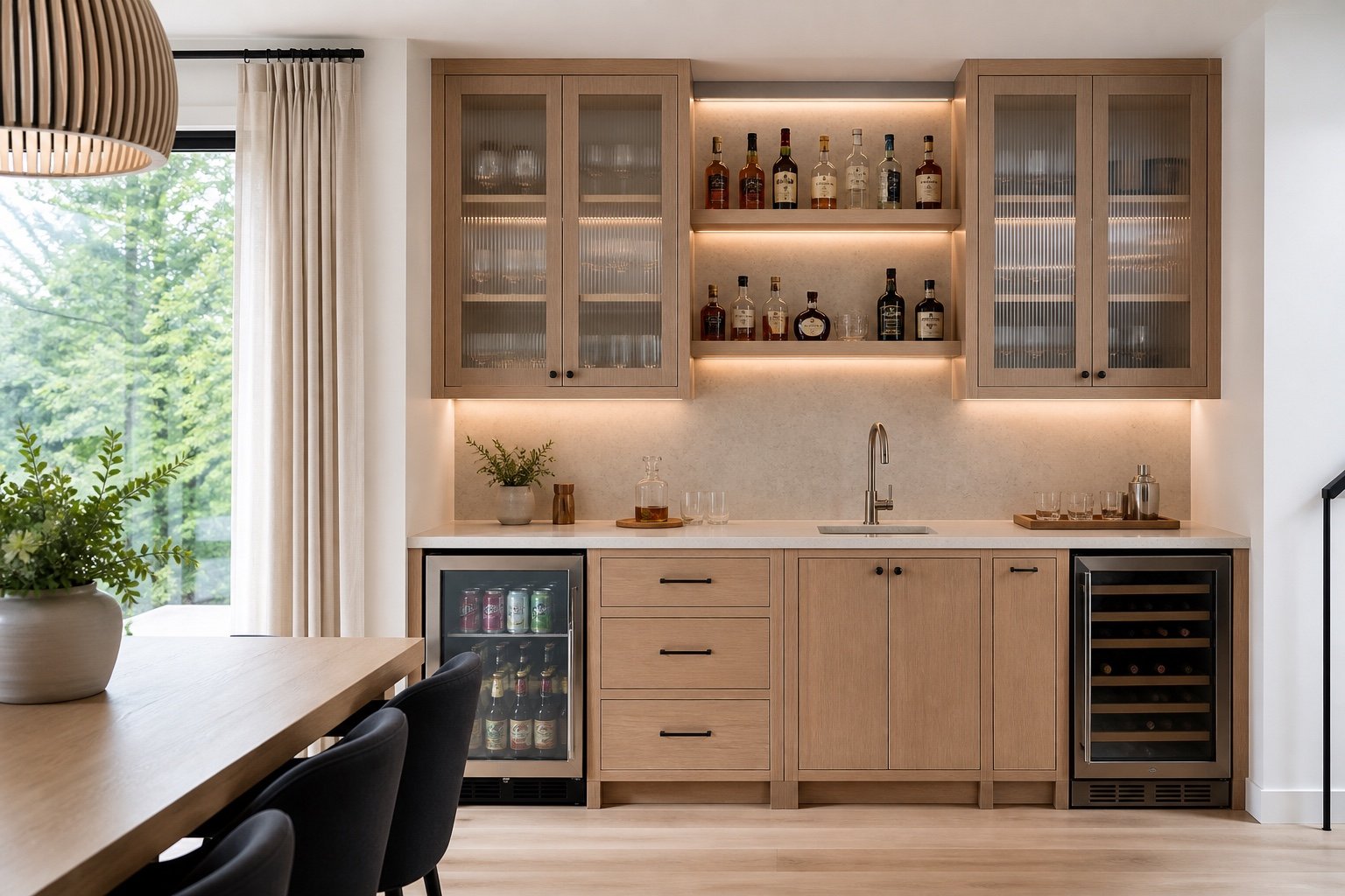 Light-oak bar concept with refrigerators and sink