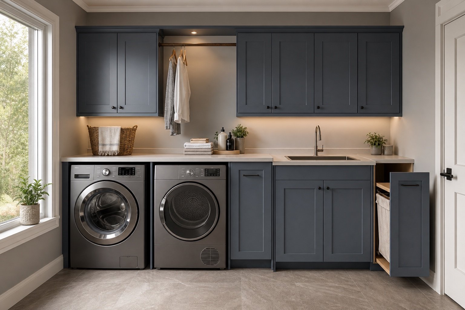 Blue-grey laundry concept with distinct washer and dryer