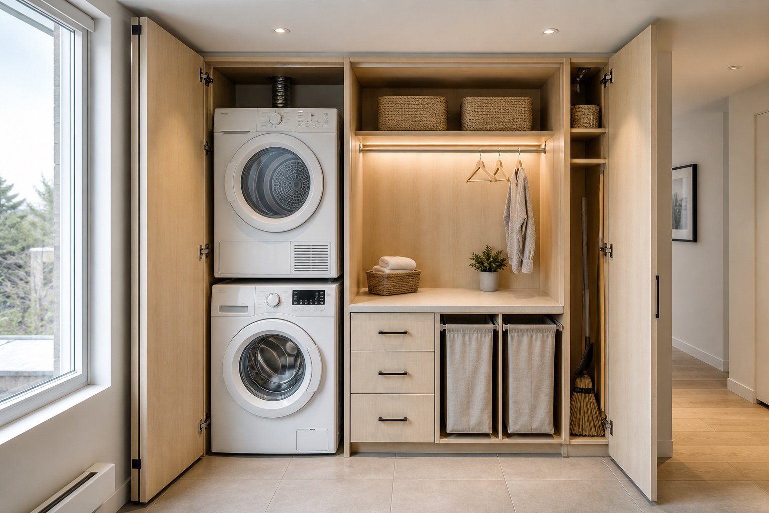 Compact maple laundry concept with stacked washer and dryer