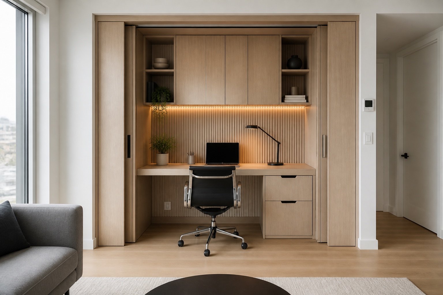 Compact oak office alcove concept with retracting doors