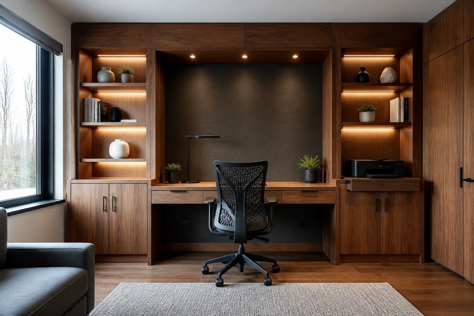 Walnut office concept with wall storage and lighting