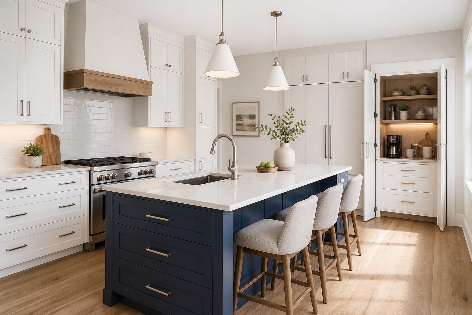 Blue-and-white transitional kitchen concept with an island