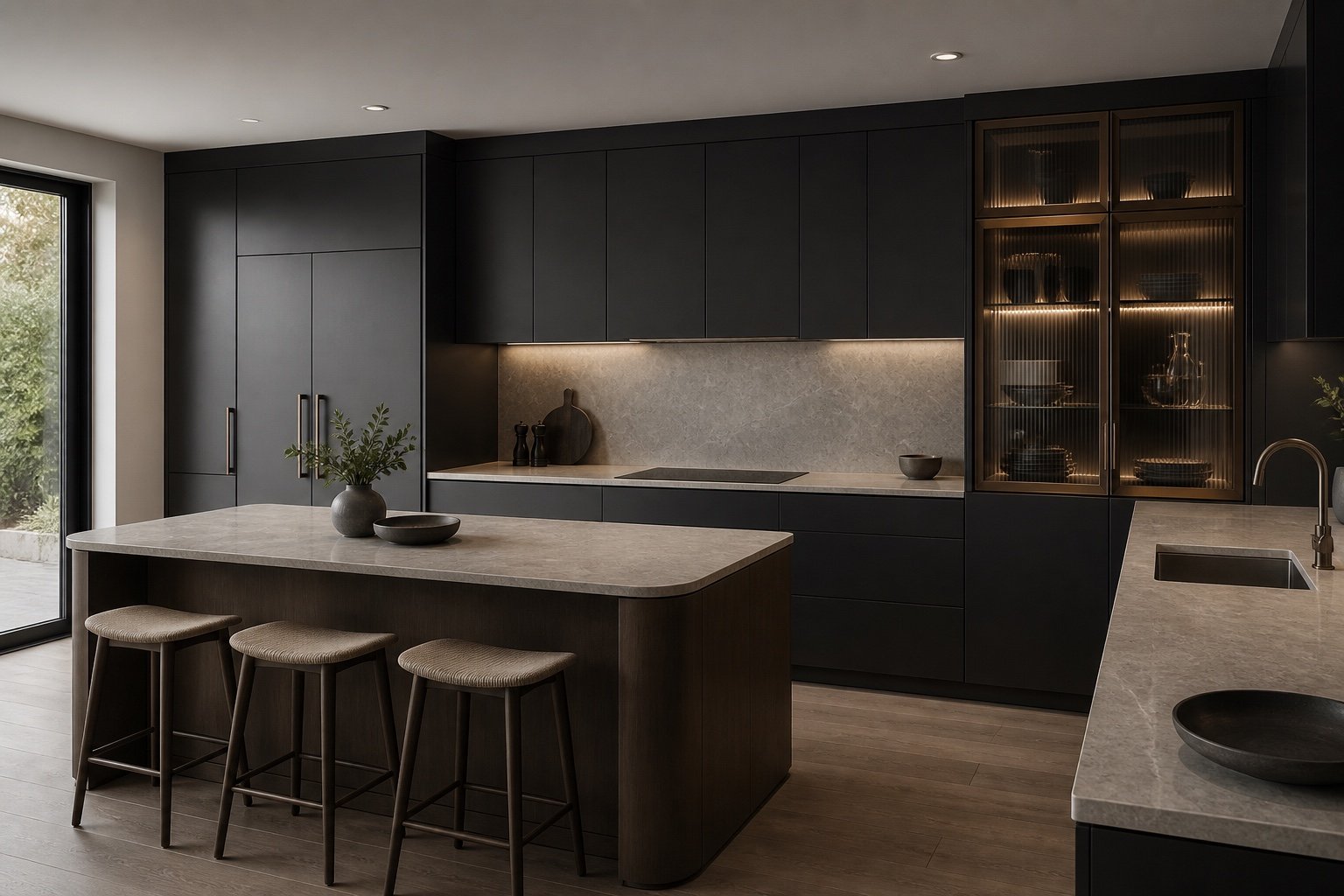 Charcoal kitchen concept with smoked-oak island and illuminated glass cabinet