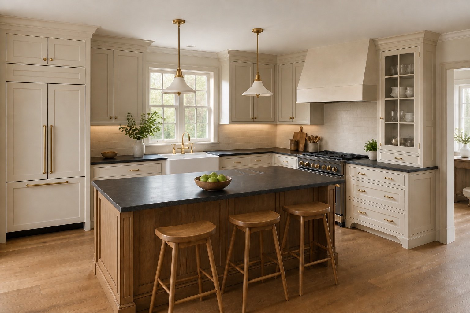 Creamy classic kitchen concept with dark counters and oak island