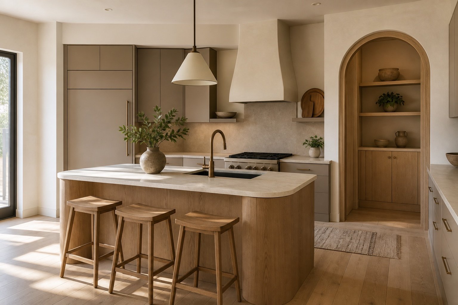 Modern Mediterranean kitchen concept in oak and soft clay tones