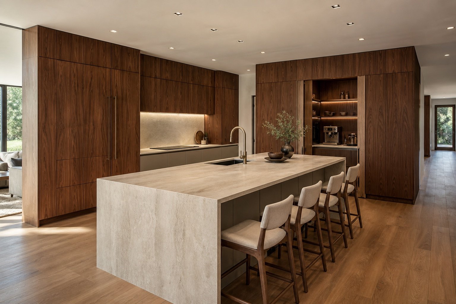Contemporary walnut kitchen concept with pale stone counters