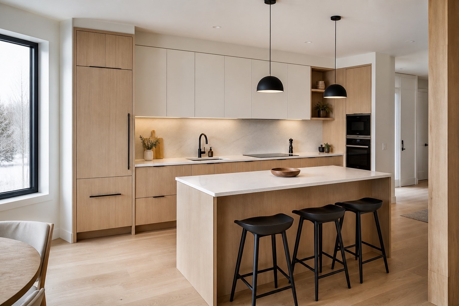 Nordic-inspired kitchen with light oak cabinetry