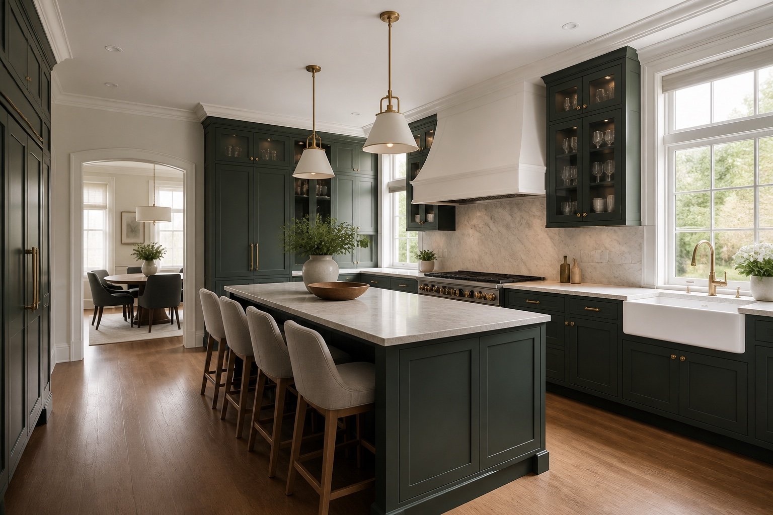 Forest-green shaker kitchen concept with a wood island