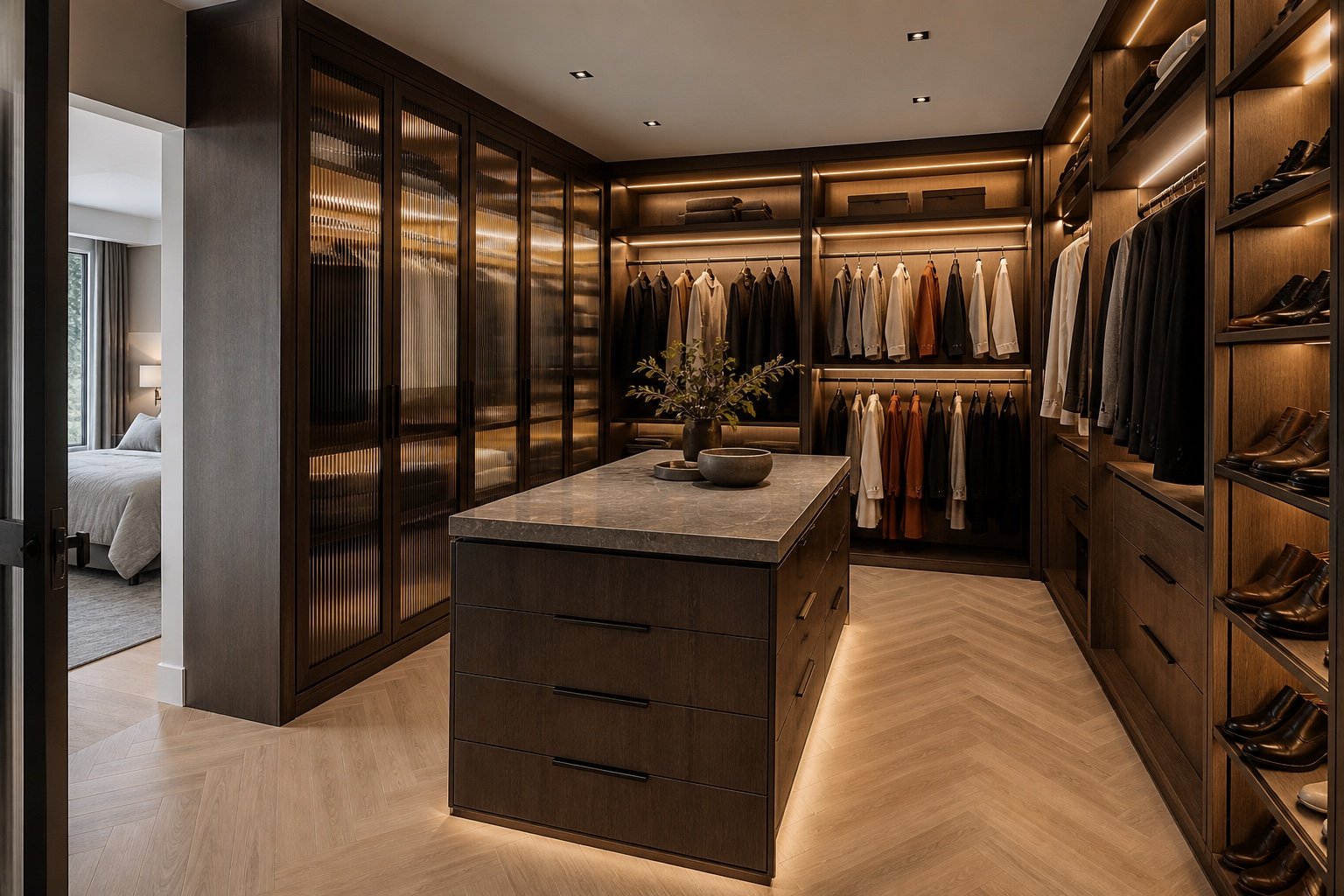 Smoked-oak walk-in concept with glazed doors and island