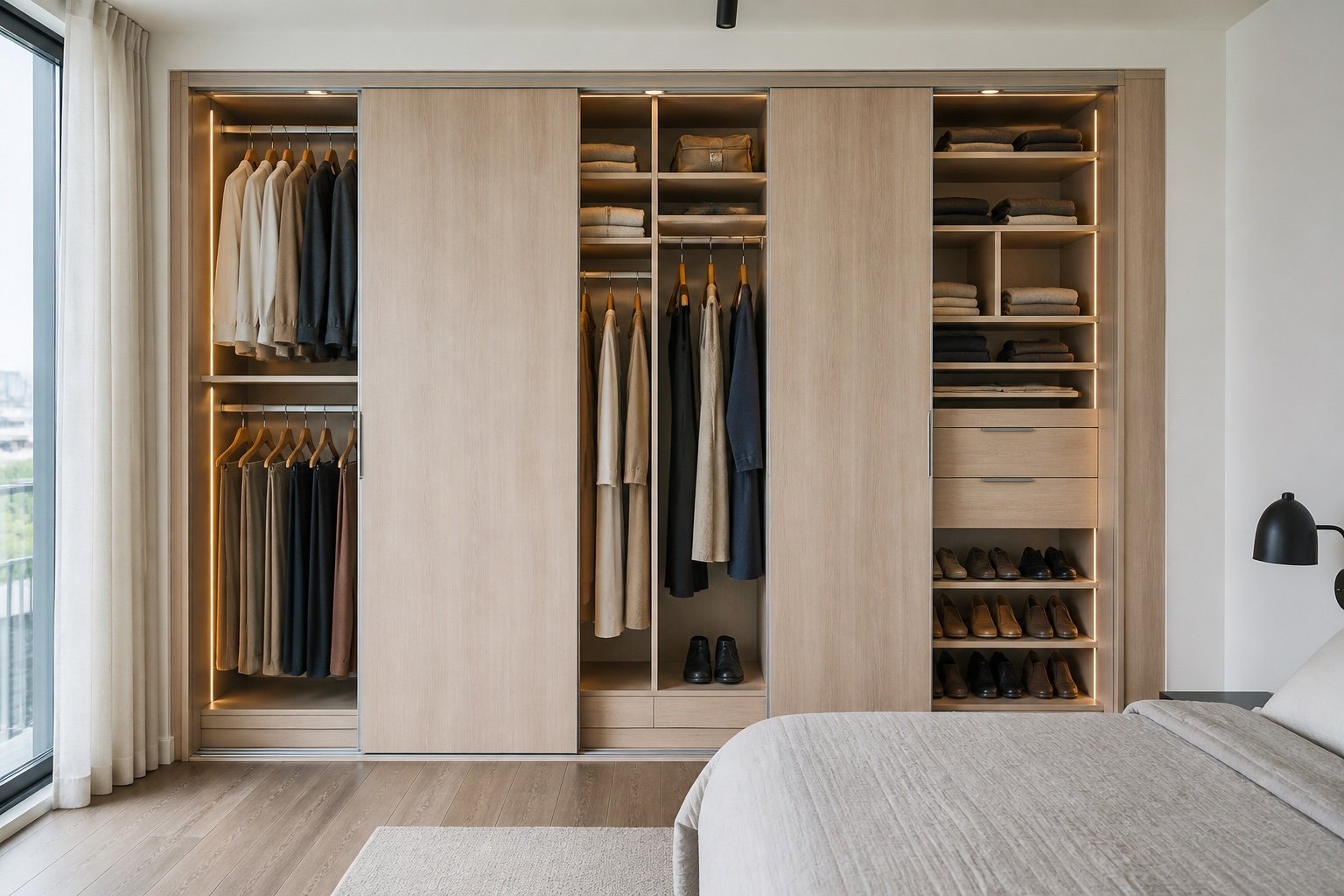 Light-oak wall wardrobe concept with sliding doors