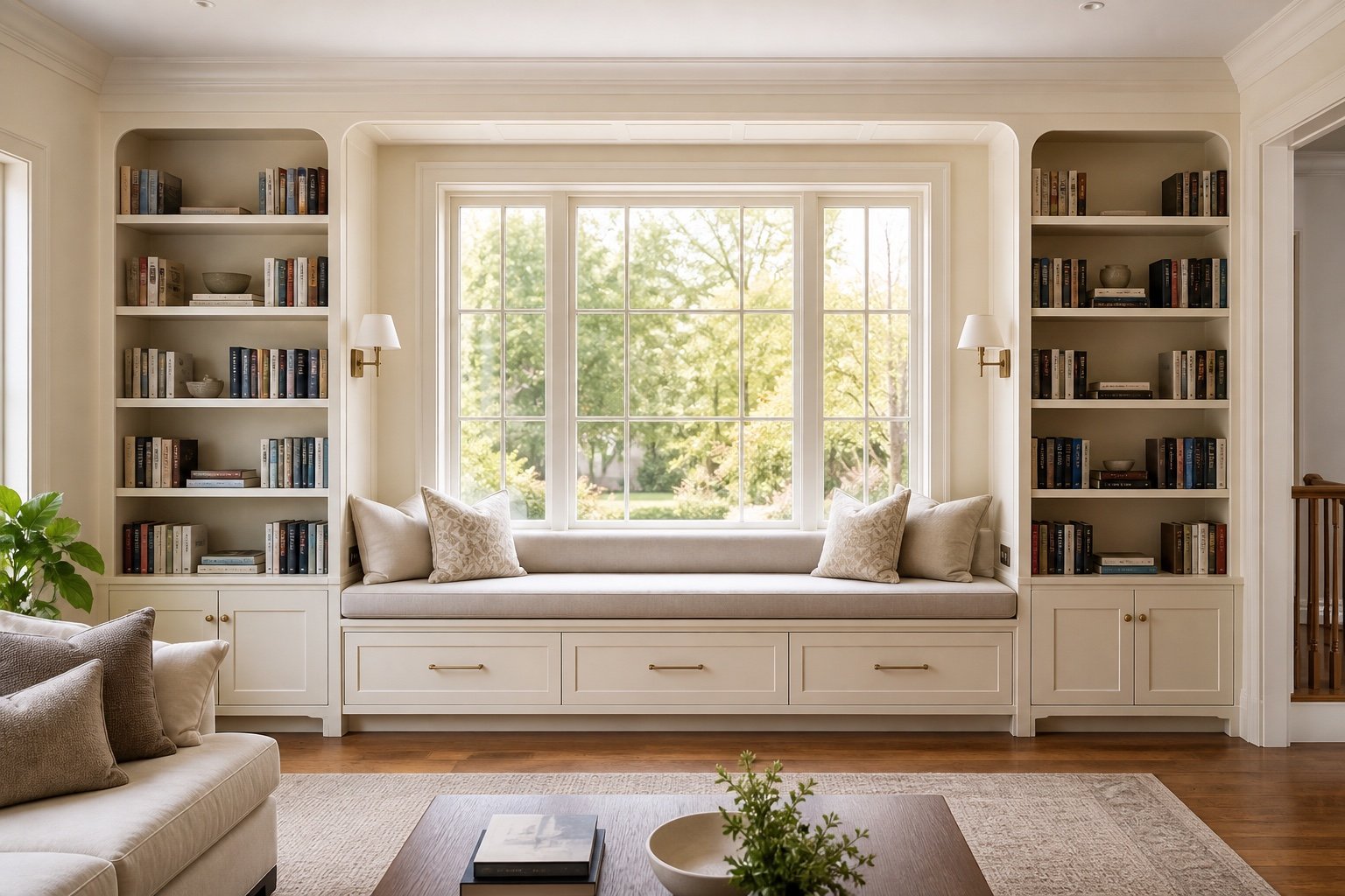 Cream library concept with built-in window banquette