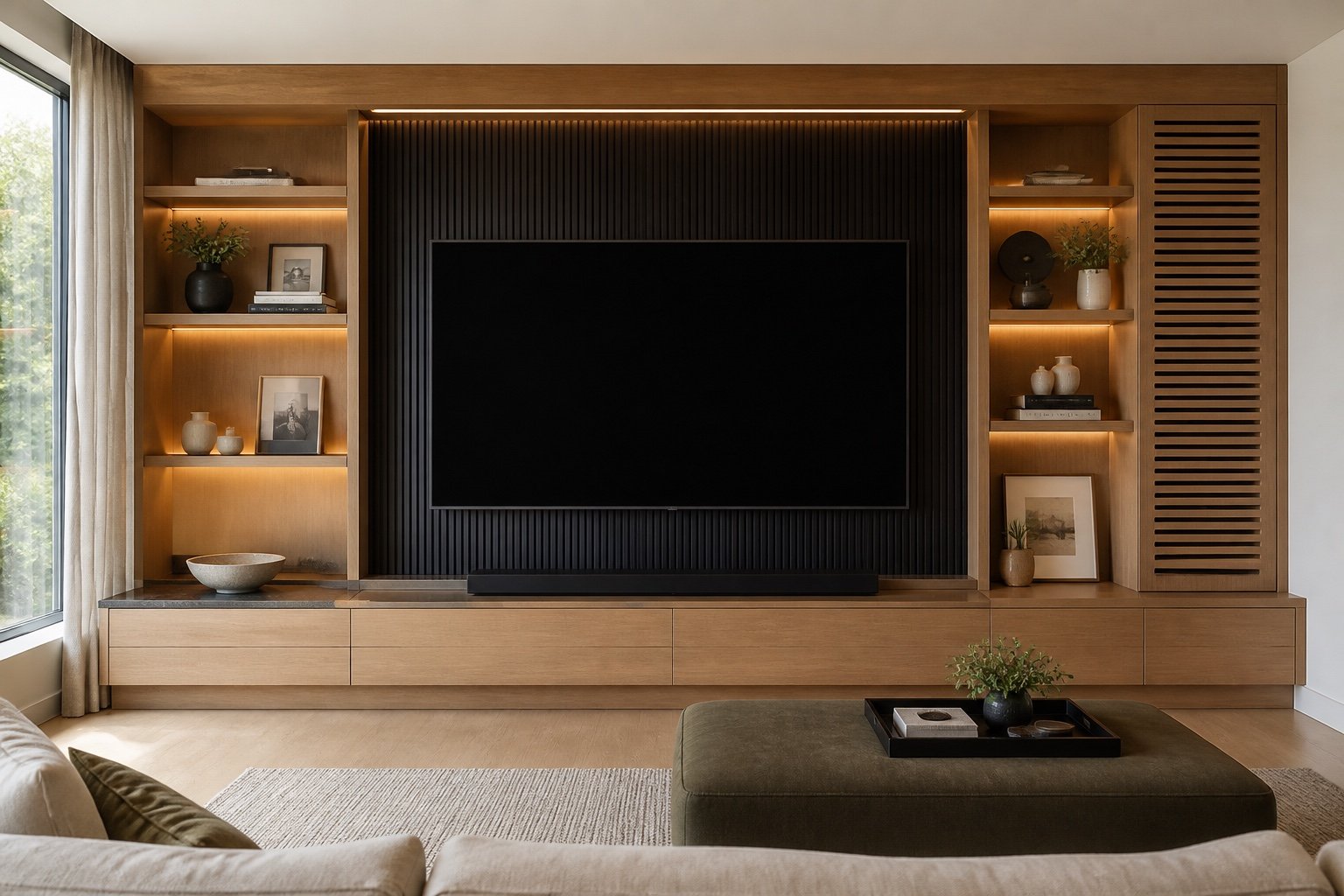Oak media-wall concept with niches and ventilated storage
