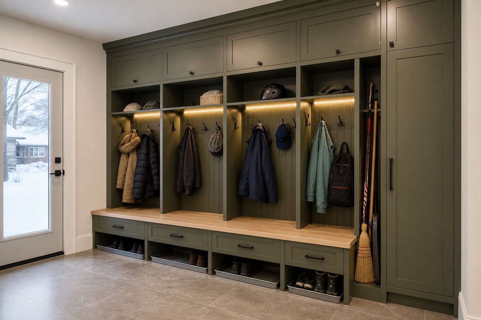 Olive mudroom concept with four family storage zones