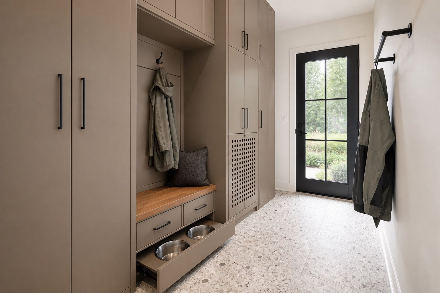 Compact taupe mudroom concept with pull-out pet bowls