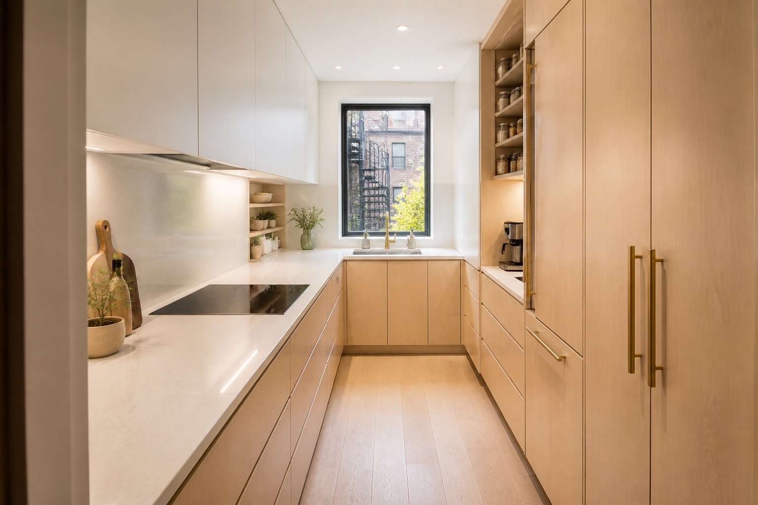 Compact galley kitchen concept with white and maple cabinetry