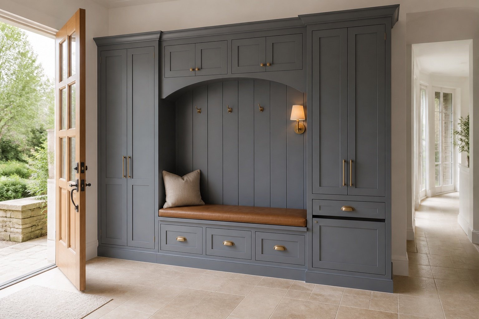Blue-grey entryway concept with leather bench and framed cabinets