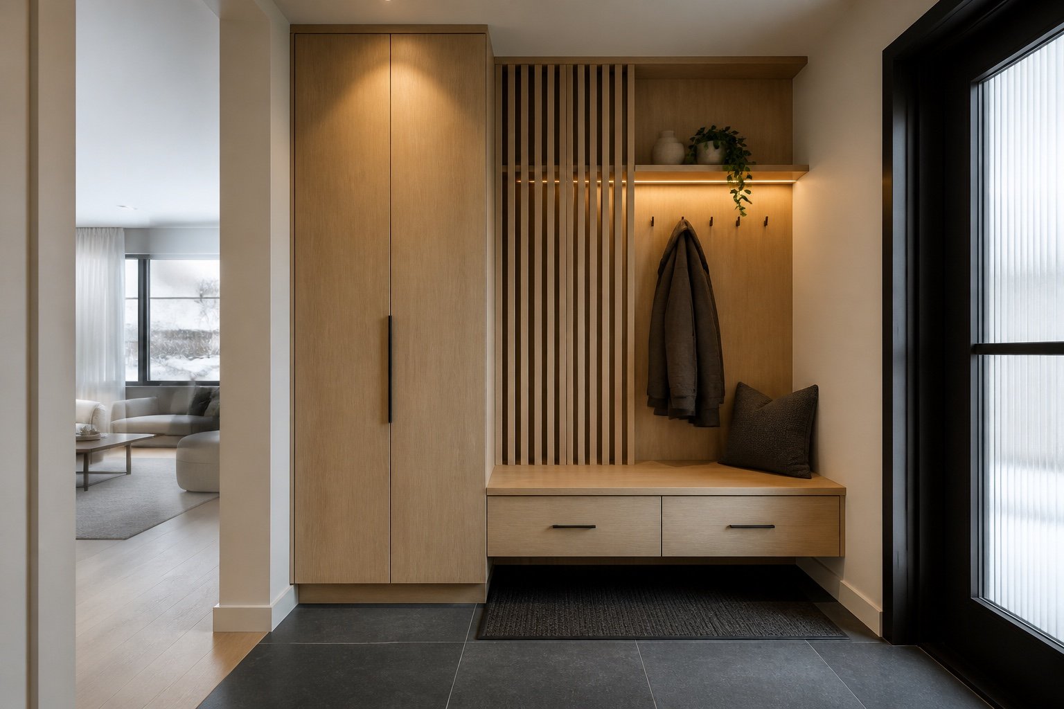 Contemporary oak entryway concept with floating bench