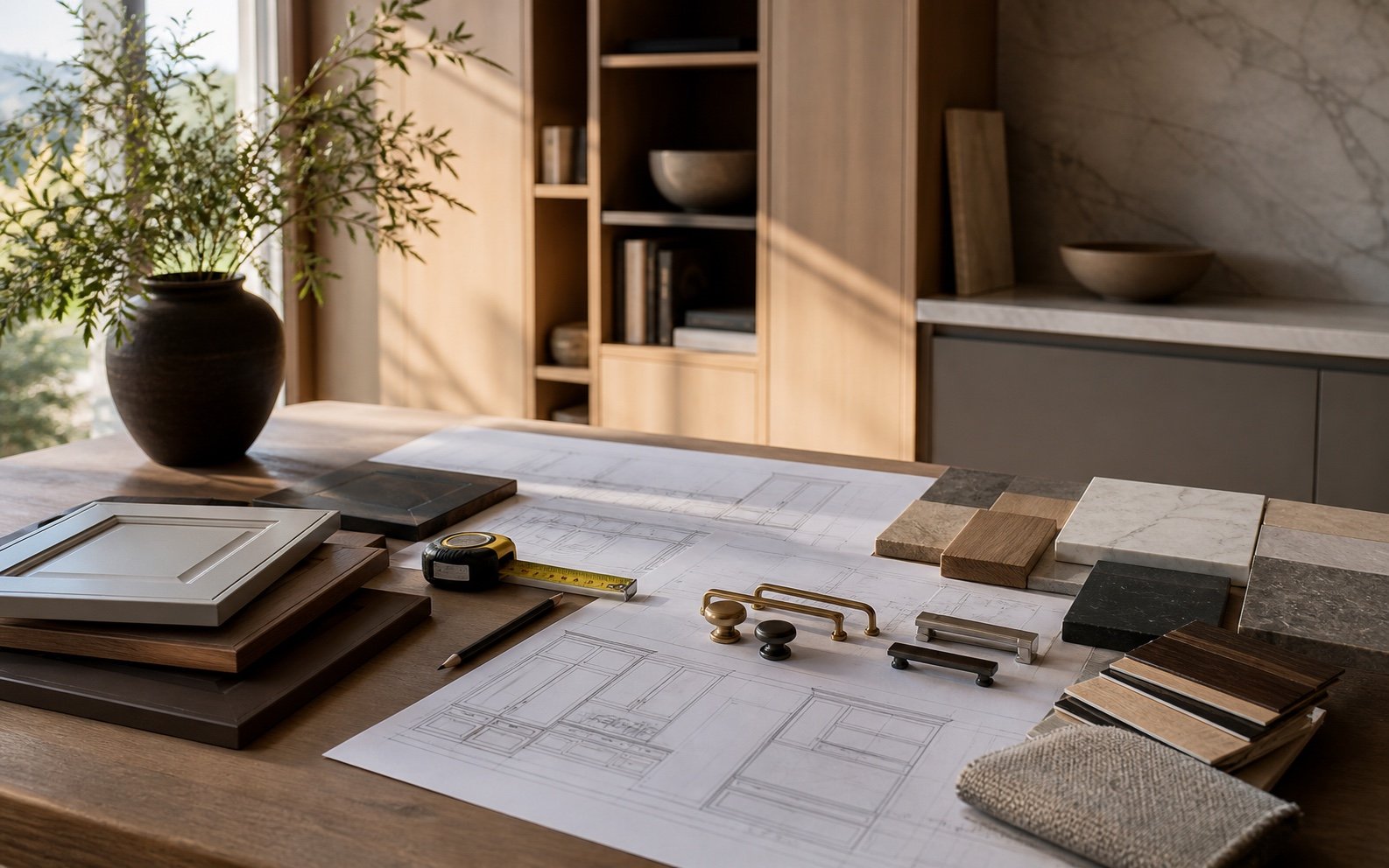 Plans, samples and hardware for a kitchen