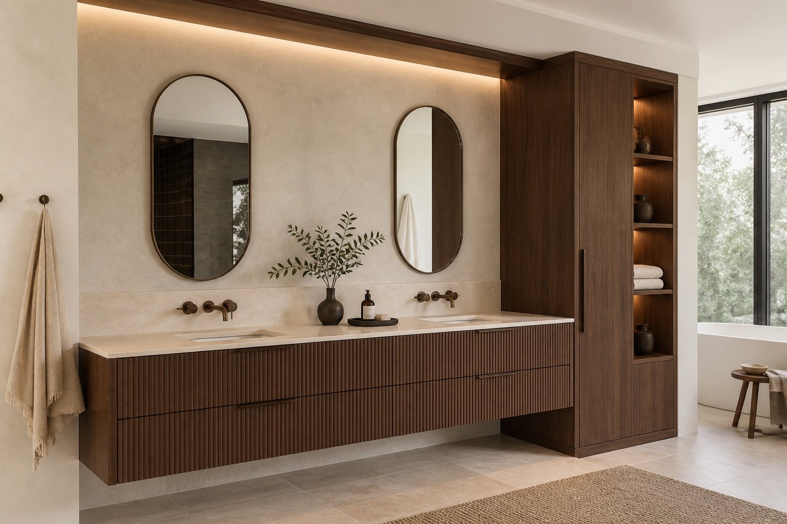 Custom double walnut vanity in a bright bathroom