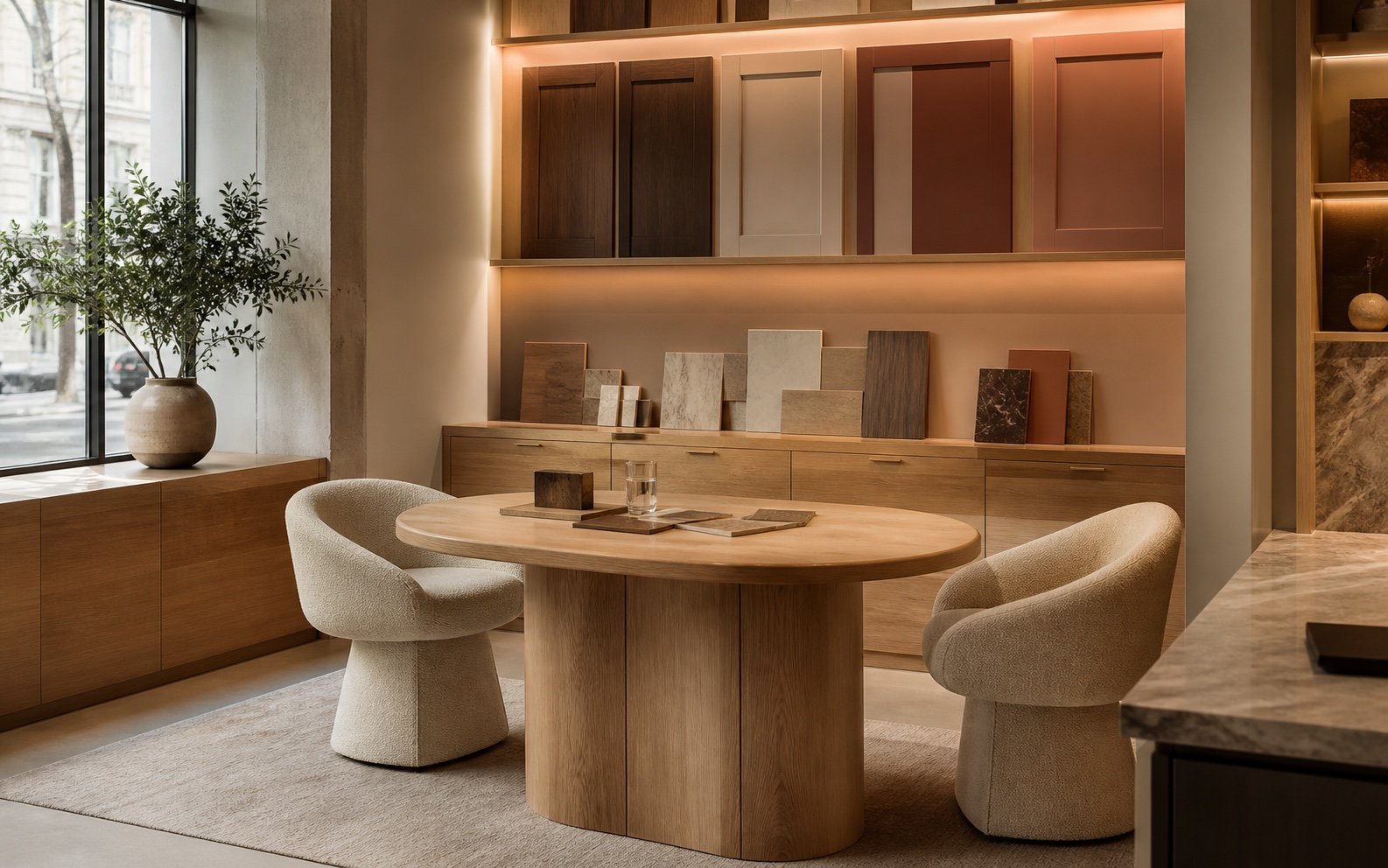 Warm consultation area with table, chairs and cabinet samples