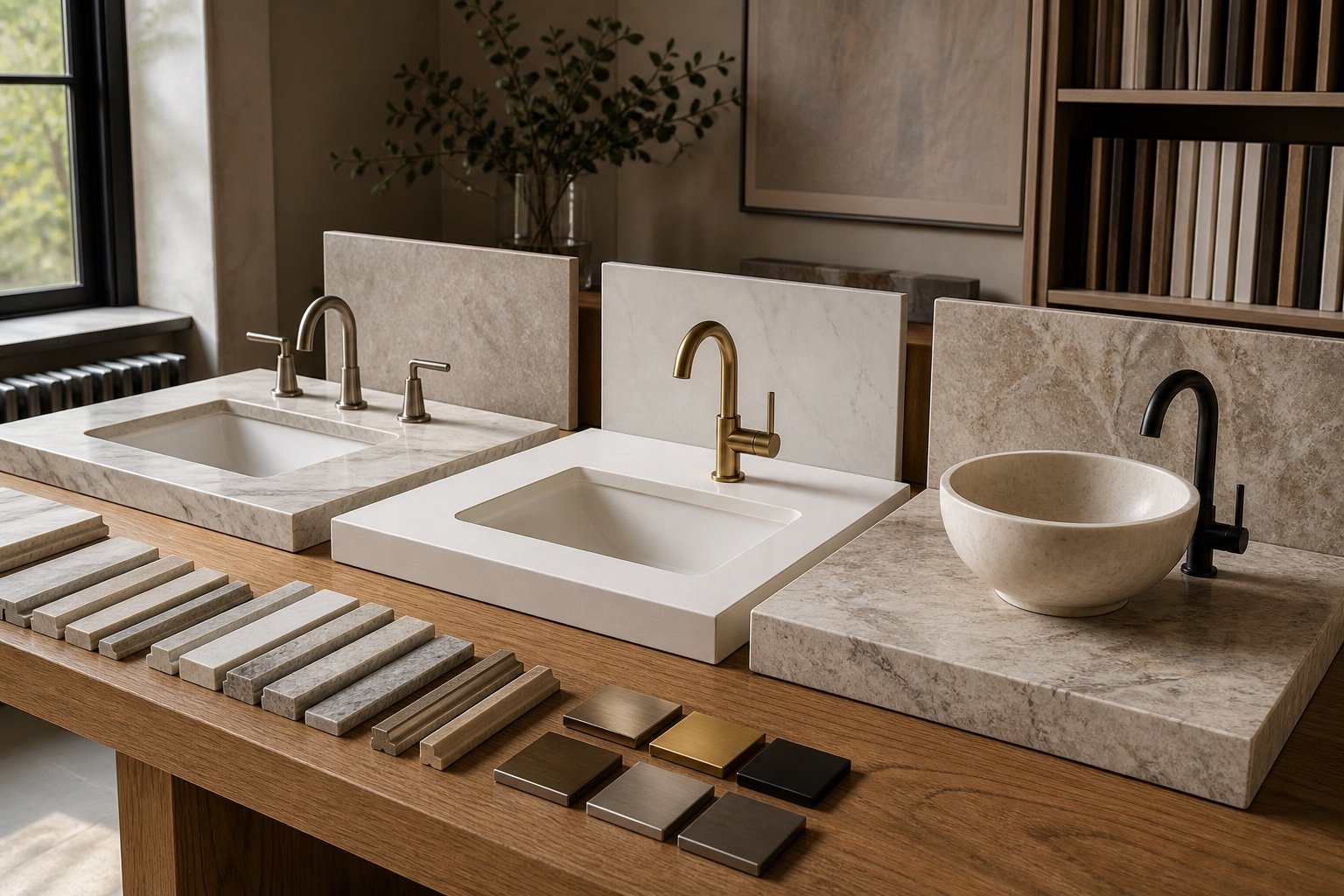 Comparison of vanity countertops, sinks and faucet finishes
