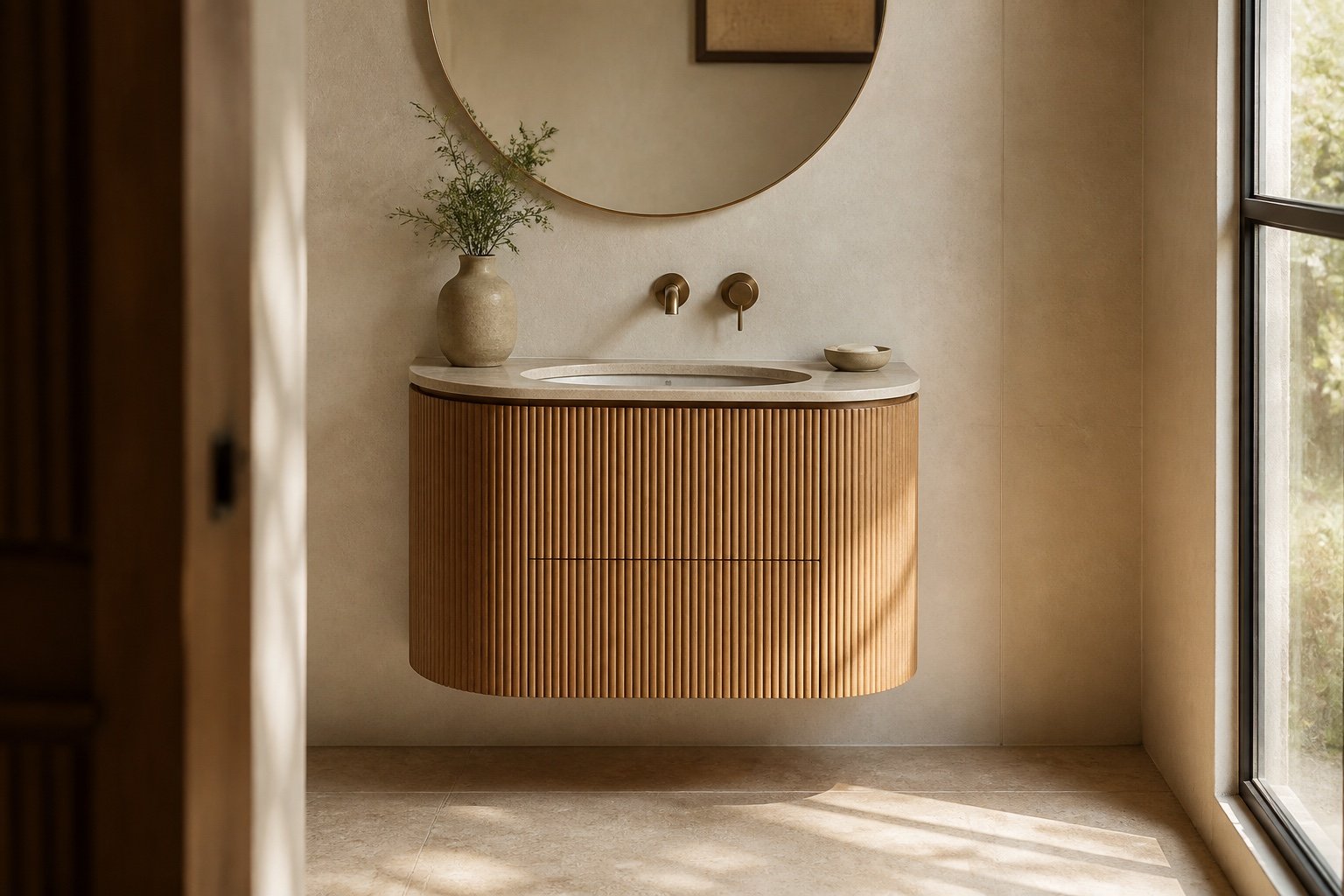 Compact curved and fluted oak vanity concept