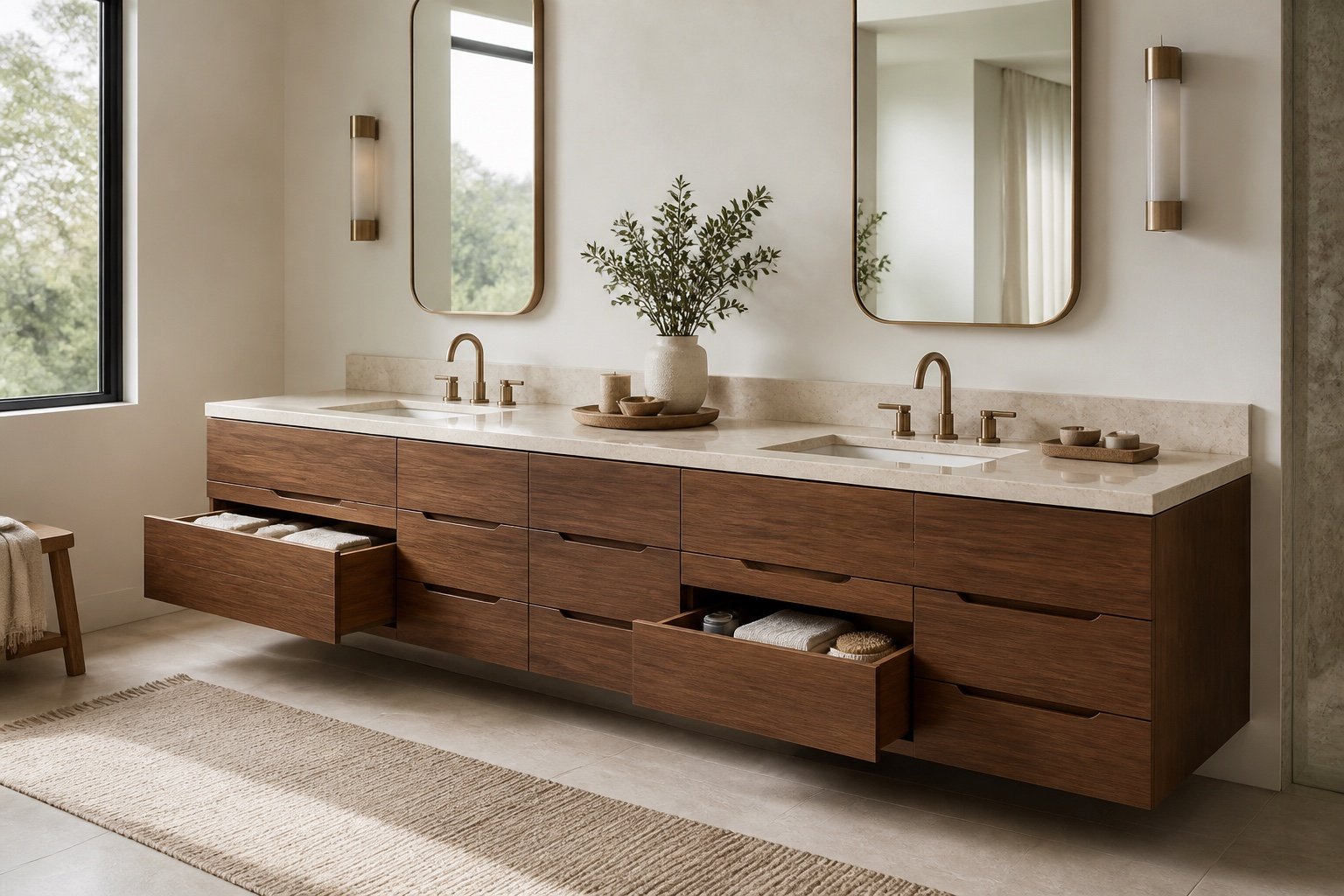 Double walnut vanity concept with generous drawer storage