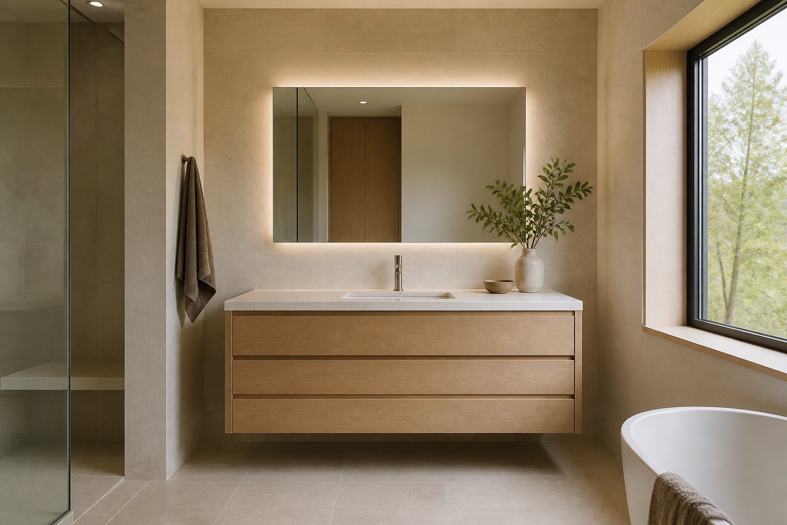 Floating white oak vanity concept with three drawers